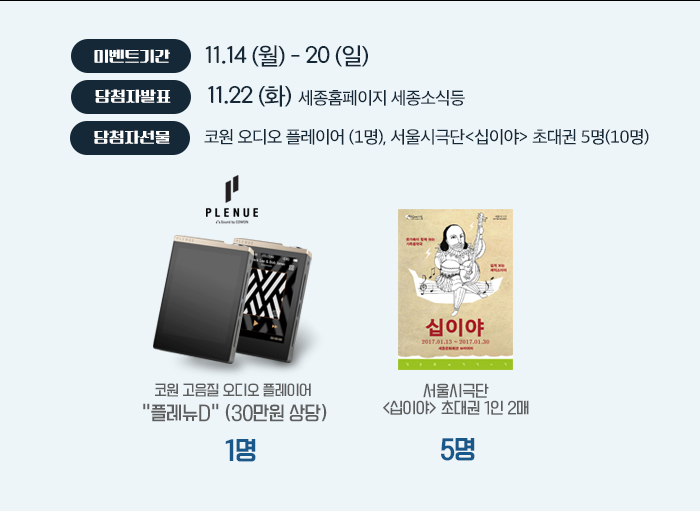 이벤트 기간 11.14 월 - 20일 당첨자 발표 11.22 화 세종홈페이지 세종소식등 당첨자 선뭎 코원 오디오 플레이어 (1명) 서울시극장 십이야 초대권 5명 (10명) 