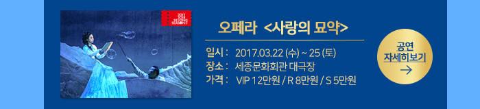 오페라  <사랑의 묘약> dlftl 2017.3.22 수 25 토 장소 세종문화회관 대극장 가격 VIP 12만원 / R 8만원 / S 5만원 공연자세히 보기