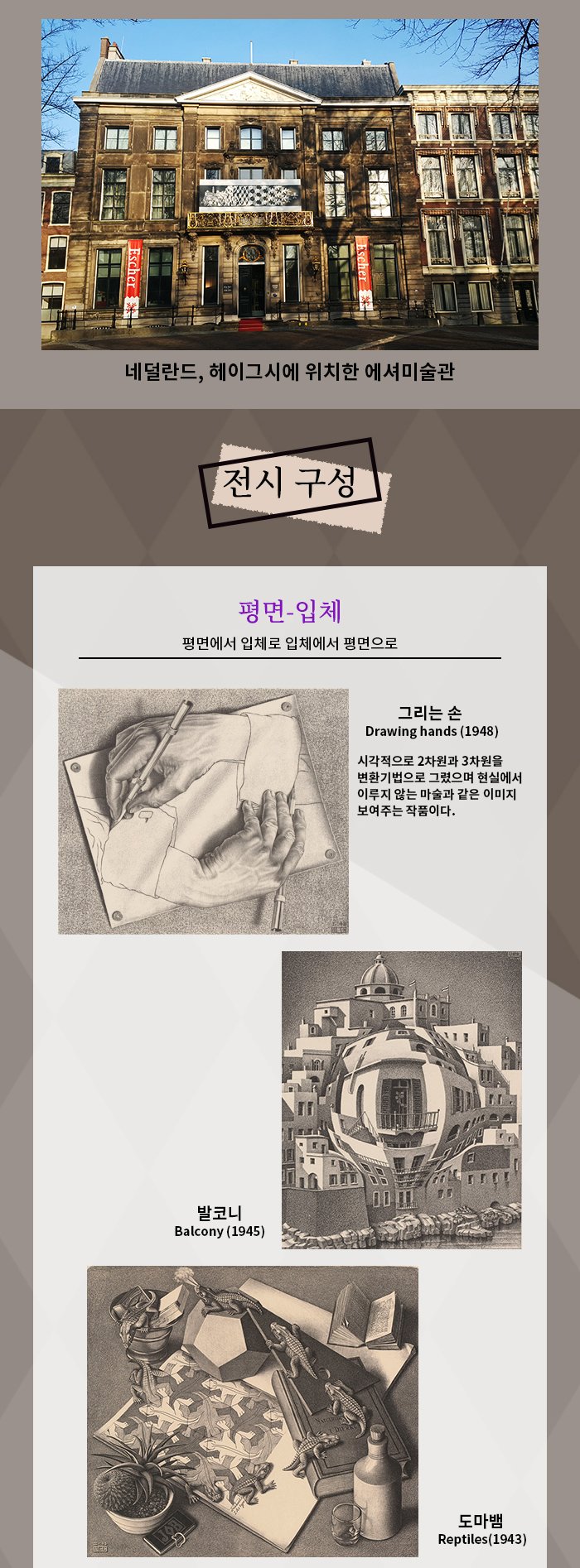 네덜란드 헤이그시에 위치한 에셔 미술관 전시구성 평면 입체 평면에서 입체로 입체에서 평면으로 그리는 손 drawing hands (1948) 시각적으로 2차원과 3차원을 변환기법으로 그렸으며 현실에서 이루지 않는 마술과 같은 이미지 보여주는 작품이다 발코니 balcony 1945 도마뱁 reptiles 1943