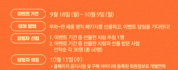 이벤트 기간 9월 18일 (월) ~ 10월 9일 (월) 참여방법 우와~한 세종 명작 패키지를 선물하고, 이벤트 당첨을 기다린다!  당첨자 선정  이벤트 기간에 세종명작 패키지를 선물한 사람과 선불받은 사람 선착순 각 30명 선정 (총 60명) 당첨자 발표 10월 11일 (수) 홈페이지 공지사항 및 구매 아이디에 등록된 회원정보로 개별연락   