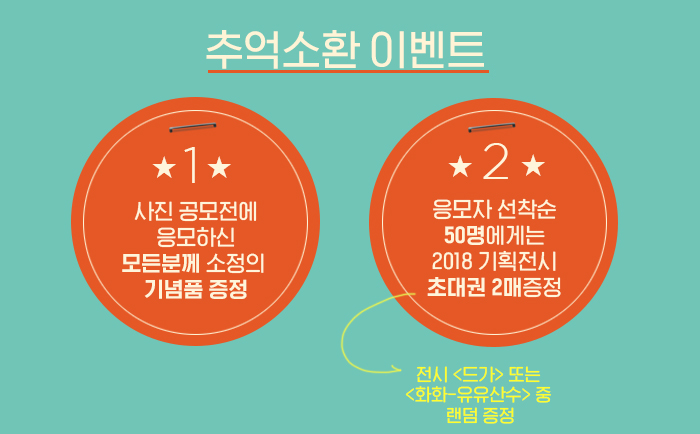 추억소환이벤트 사진공모전에 응모하신 모든분께 소정의 기념품증정 2 응모자 선착순 50명에게는 2018 기획전시 초대권 2매 증정