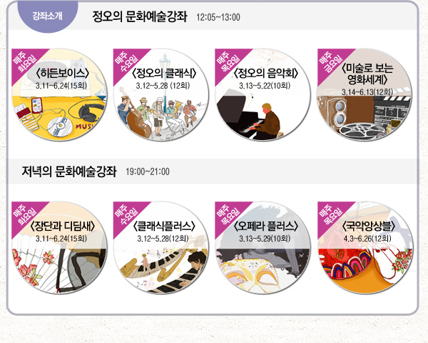 강좌소개 정오의 문화예술강좌 12:05~13:00 매주화요일 히든보이스3.11~6.24(15회) 매주 수요일 정오의 클래식 3.12~5.28(12회) 매주목요일 정오의 음악회 3.13~5.22(10회) 매주금요일 미술로 보는 영화세계  3.14~6.13(12회) 저녁의 문화예술강좌 19:00~21:00 매주화요일 장단과 디딤새 3.11~6.24(15회) 매주 수요일 클래식플러스 3.12~5.28(12회) 매주목요일 오페라 플러스 3.13~5.29(10회) 매주 목요일 국악앙상블 4.3~6.26(12회)
