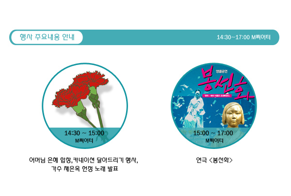 행사 주요내용 안내 14:30-17:00 m씨어터 14:30 ~ 15:00 M씨어터 어머님 은혜’ 합창,카네이션 달아드리기 행사, 가수 채은옥 헌정 노래 발표 15:00 ~ 17:00 M씨어터 연극 봉선화