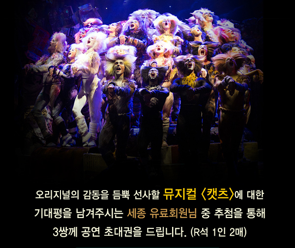 오리지널의 감동을 듬뿍 선사할 뮤지컬 캣츠에 대한 기대평을 남겨주시는 세종 유료회원님 중 추첨을 통해 3쌍께 공연 초대권을 드립니다 r석 1인2매