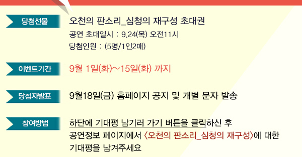 당첨선물 오천의 판소리_심청의 재구성 초대권 5명/1인2매 공연 초대일시 9.24(목) 오전11시 당첨인원 5명 1인2매 이벤트기간 9월1일~15일(화)까지 당첨자발표 9월18일(금) 홈페이지 공지 및 개별 문자 발송 참여방법 하단에 기대평 남기러 가기 버튼을 클릭하신 후 공연정보 페이지에서 오천의 판소리 심청의 재구성에 대한 기대평을 남겨주세요