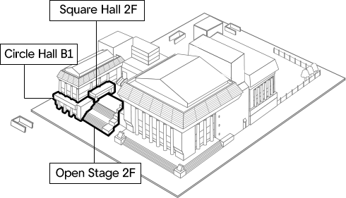 Image showing the locations of Square Hall 2F, Circle Hall B1, and Open Stage 2F among the Sejong Center for the Performing Arts layout.